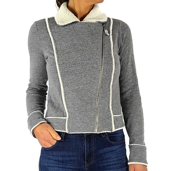 Splendid Sherpa Asymmetrical Zip-Up Jacket Faux Fur Collar Size Small Grey - Picture 1 of 5
